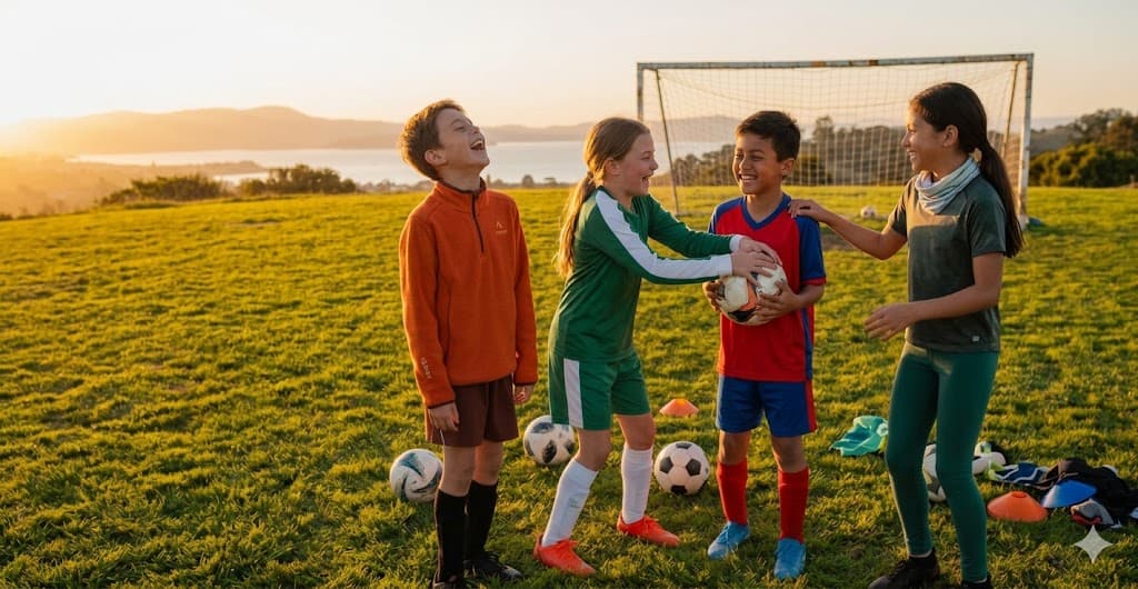 Kids playing football at sunset